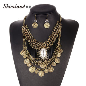 Shineland Women Gypsy Necklace Fashion Jewelry Set Bohemian Coin Earring Tassel Vintage Trendy Turkish Indian Ethnic Bijoux