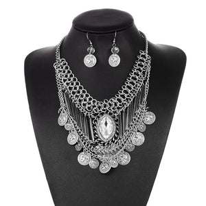 Shineland Women Gypsy Necklace Fashion Jewelry Set Bohemian Coin Earring Tassel Vintage Trendy Turkish Indian Ethnic Bijoux