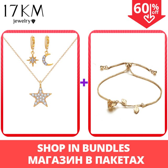 17KM New Bijoux Crystal Star Moon Sun Necklace Set 2020 Gold Dangle Earrings For Women Gift Elegant Fashion Jewelry Set Gifts