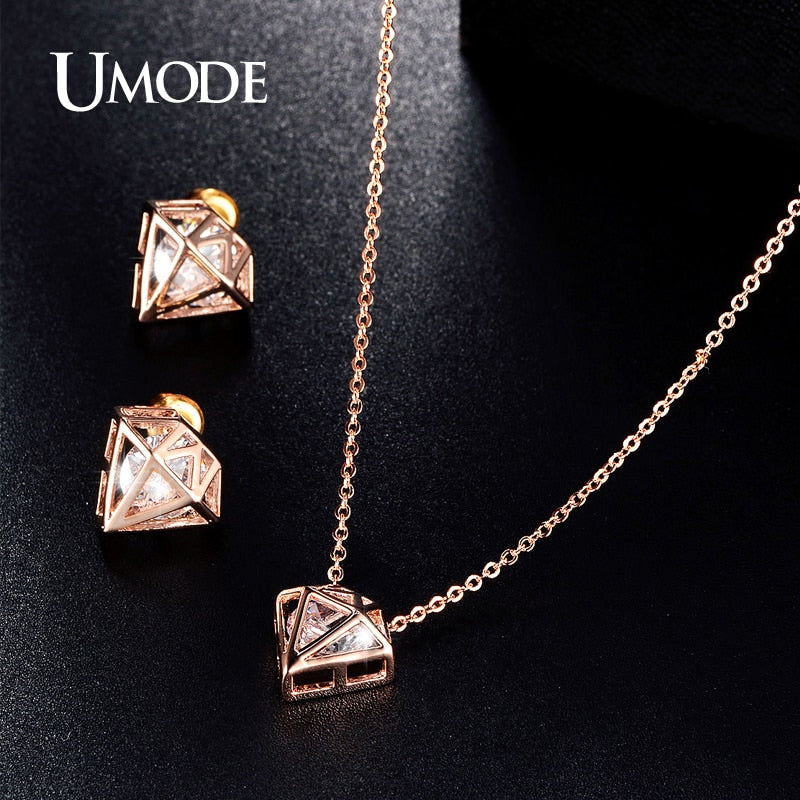 UMODE Cubic Zirconia Rose Gold Color Necklace and Earrings Set Fashion Jewelry For Lovers Birthday Gifts Parure Bijoux US0033A