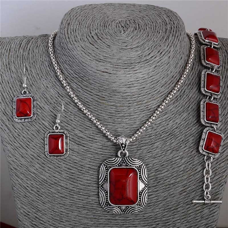 SHUANGR Vintage Red Jewelry Sets Square Natural Stone Pendant Necklace Earrings Bracelets Women bijoux femme